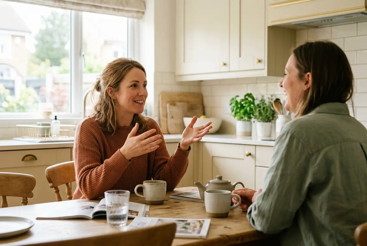 Mom laughing over coffee