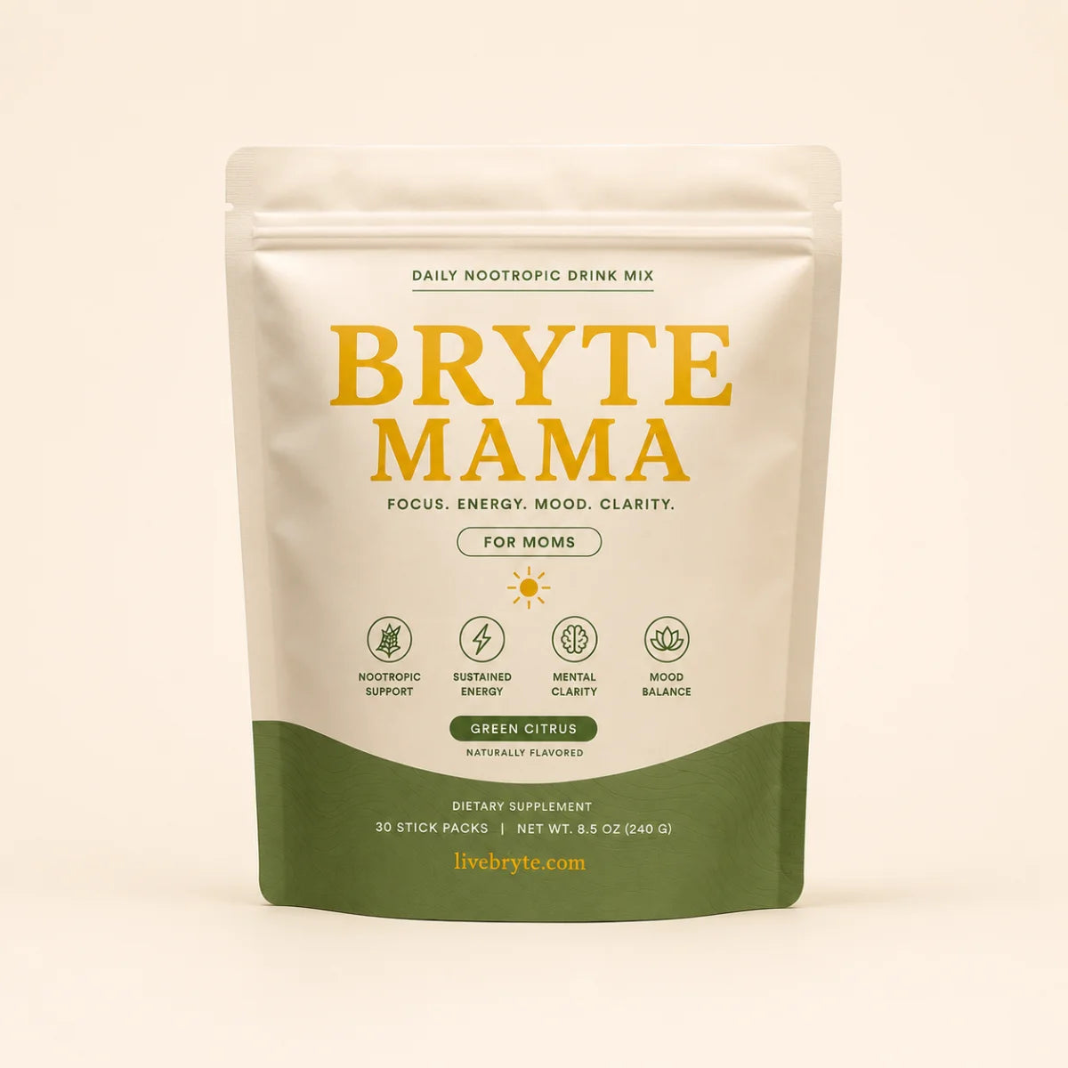 Hero — BryteMama pouch · Dragonfruit · warm cream studio